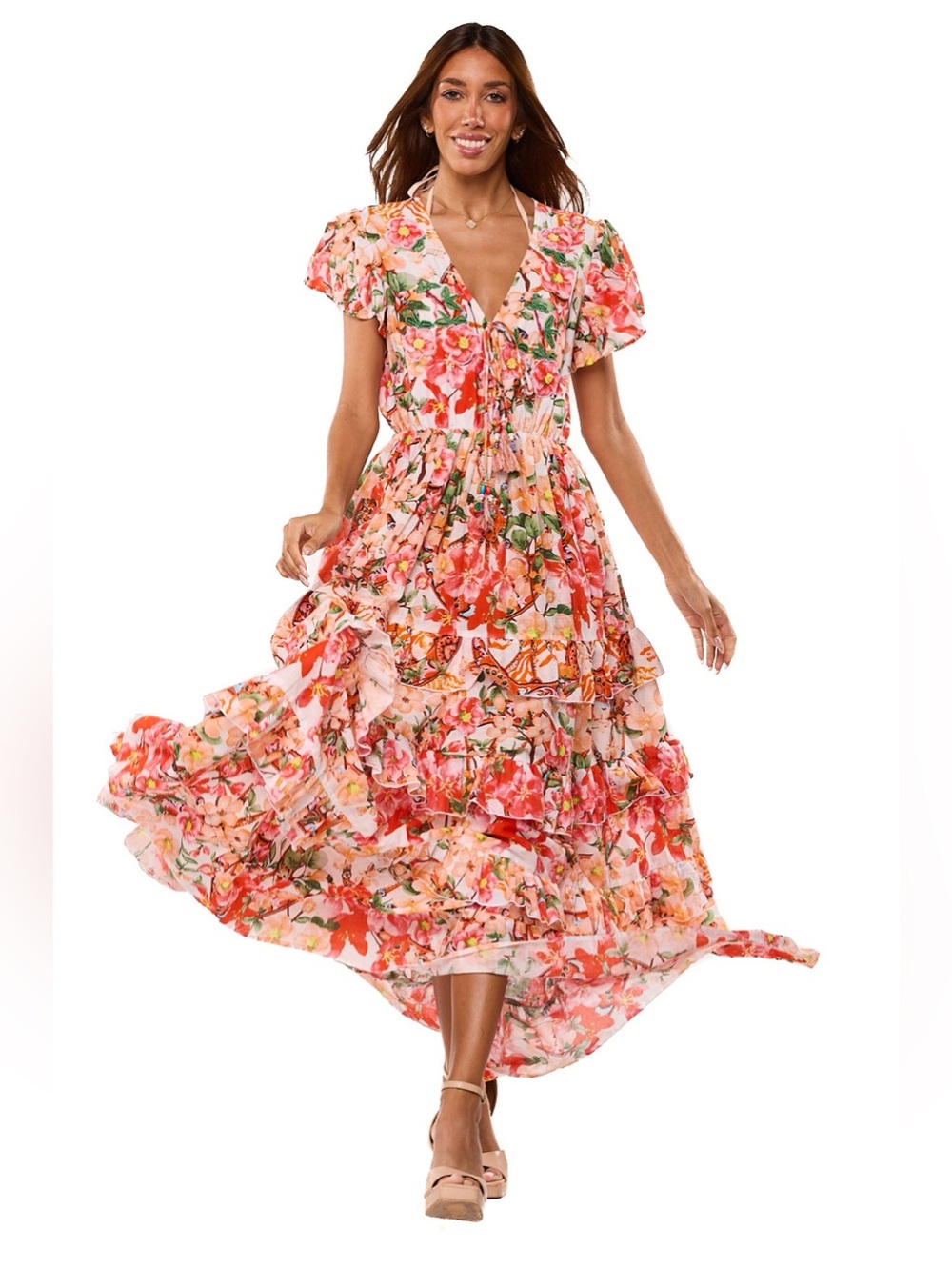 Floral V-Neck Tiered Maxi Dress in Pink & Orange